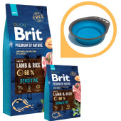 Суха храна за кучета BRIT PREMIUM SENSITIVE LAMB & RICE BY NATURE [ НОВА, ПОДОБРЕНА ФОРМУЛА ] с 60% прясно агнешко месо 15кг + подарък сгъваема купа